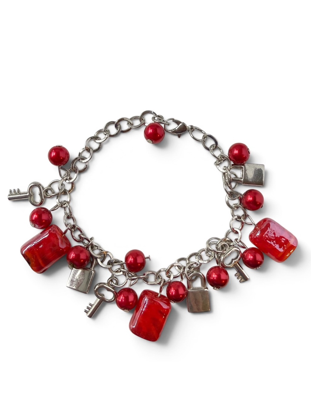 Red Art Glass Skeleton Key Lock Padlock Charm Chain Link Bracelet Silvertone